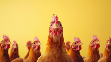 brown old mother chicken stands out among group of chickens, showcasing its vibrant feathers against bright yellow background. scene captures lively farm atmosphere