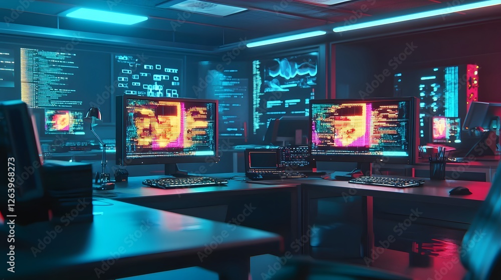 Poster futuristic office space with glowing screens displaying data, showcasing a tech-focused environment