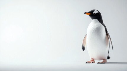 Obraz premium cinematic still of cute penguin standing on white background, showcasing its distinctive black and white feathers and bright orange beak, evoking sense of charm and playfulness