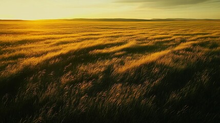 Golden sunset over vast prairie grass swaying in gentle breeze. Perfect for travel, nature, landscape photography