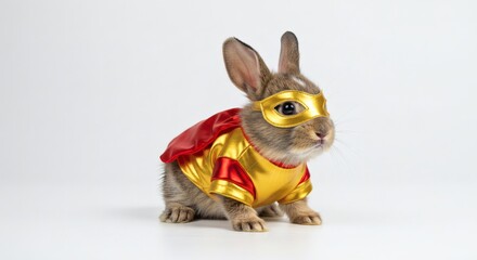 Adorable Baby Rabbit in Superhero Costume with Perked Ear on White
