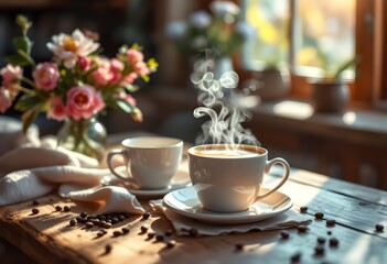 Two steaming cups of coffee sit on a rustic wooden table next to a bouquet of flowers bathed in sunlight Perfect for a relaxing morning atmosphere.