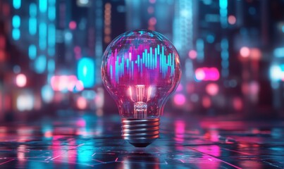 Cityscape night, glowing lightbulb, financial data, innovation concept, website banner