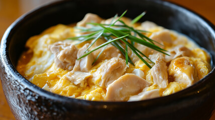 春の味わい たけのこ入り親子丼の上品な盛り付け