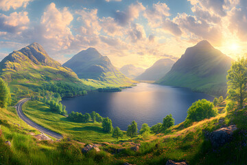 Breathtaking panoramic view of a serene loch nestled amidst majestic Scottish Highlands mountains at sunset.  A winding road adds to the scenic beauty.