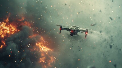 A tactical drone maneuvers through a war-torn sky, surrounded by flames and thick smoke. The intense scene reflects futuristic warfare and AI-driven technology. AI generated.