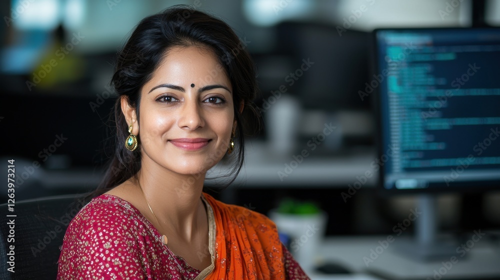 Poster confident indian woman smiling while working in a professional call center office environment with c