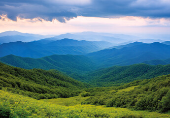 Fototapeta premium Experience the tranquil beauty of the Smoky Mountains, where layered peaks meet lush greenery.