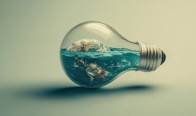Drowning Earth inside lightbulb; global warming concept; environmental awareness campaign