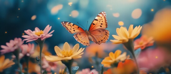 Vibrant butterfly hovering above colorful flowers in a dreamy garden setting