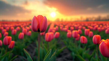 Blurred Tulip in Foreground with Expansive Dutch Tulip Field