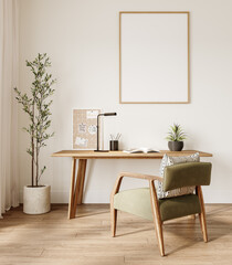 Frame mockup in Interior,a study room a chair with a pillow on it sits in front of a table, and a picture on the wall, 3D rendering