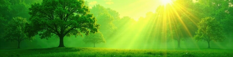Obraz premium vibrant green trees merge into a hazy outline as sunlight casts an ethereal glow , sunbeam, gentle illumination, abstract green forest