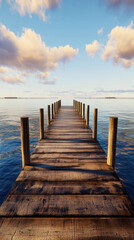 A serene wooden dock stretches into calm waters under a soft, cloudy sky, evoking peace and inviting reflection on beauty and nature's simplicity.