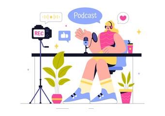 Podcast Vector Illustration featuring People Using Headsets to Record Audio, a Host Interviewing a Guest, or an Online Show with a Microphone