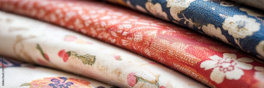 Poster Close up of vibrant patterned fabrics with floral and geometric designs showcasing unique textures for creative projects. Generative AI