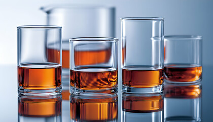 Collection of elegant whiskey glasses filled with amber liquid, reflecting on a sleek surface.  Perfect for advertising or showcasing premium spirits.