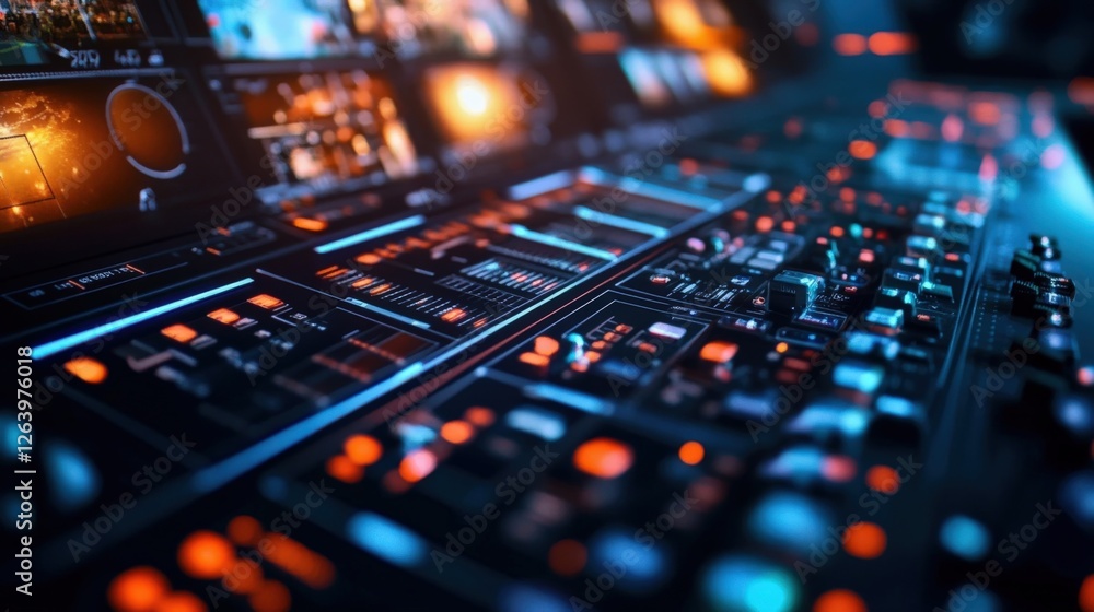 Poster futuristic control panel showing data and information on multiple screens with glowing buttons and i