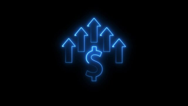 Neon dollar sign with Arrow.Dollar rate increase icon animation . Money symbol with stretching arrow up. Rising prices. Business cost sale icon.