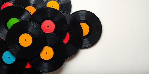 Colorful vinyl records background. Music themed designs, retro party promotions, or nostalgic audio equipment advertisements.