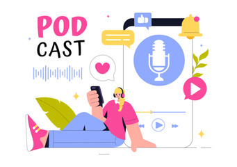 Podcast Vector Illustration featuring People Using Headsets to Record Audio, a Host Interviewing a Guest, or an Online Show with a Microphone