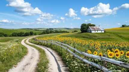 Naklejka premium Idyllic countryside road winding through a lush field of vibrant sunflowers in a serene pastoral landscape The scene exudes a sense of tranquility and natural beauty