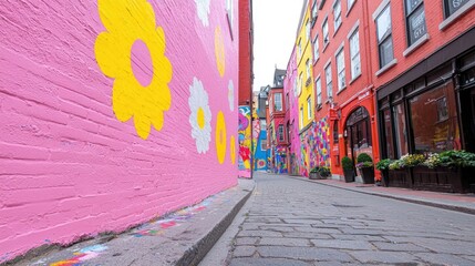 Fototapeta premium Colorful alleyway with murals in pink and yellow. Urban street art. Possible use Stock photo for travel, city, and street art themes