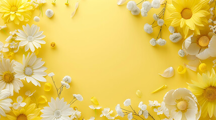 Vibrant arrangement of white and yellow flowers on a bright yellow background, ideal for spring themes