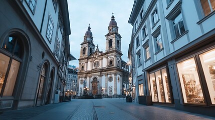 Naklejka premium Church street at dusk, city view, evening calm