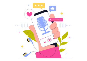 Podcast Vector Illustration featuring People Using Headsets to Record Audio, a Host Interviewing a Guest, or an Online Show with a Microphone
