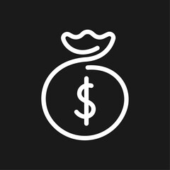 Money sack line icon on black background. Line. Doodle.