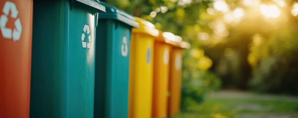 Colorful recycling bins lined up in green outdoor setting, promoting environmental awareness and sustainability. sunlight creates warm atmosphere