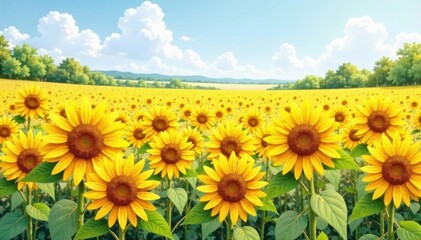 Fototapeta premium Vibrant watercolor sunflowers in a field, flowers, summer, colorful