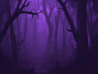 Fototapeta premium Purple Forest Path, Mystical Fog, Game Background