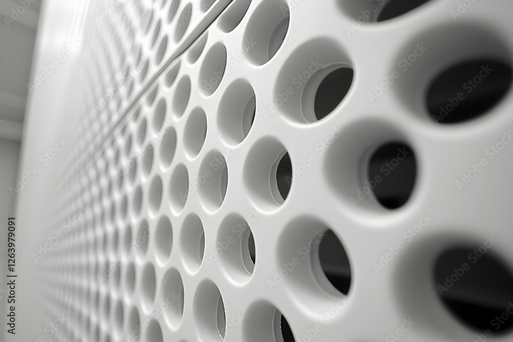 Poster abstract monochrome close-up of a perforated white surface, revealing a repeating pattern of circula