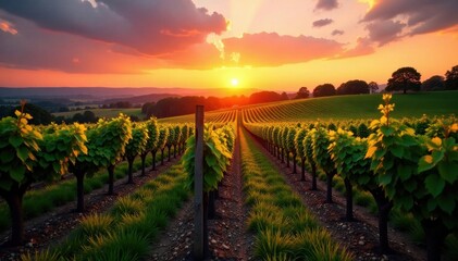 Fototapeta premium Vineyard landscape at sunset with wine barrels and trees, barrels, trees, rustic