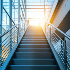 Modern office staircase leading upwards with sunlight streaming through large windows, creating bright and inviting atmosphere