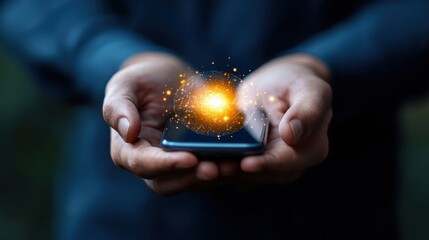 Hands holding a glowing energy filled orb that represents the power of advanced technology innovation creativity and the unlimited potential of digital and electronic devices in the modern