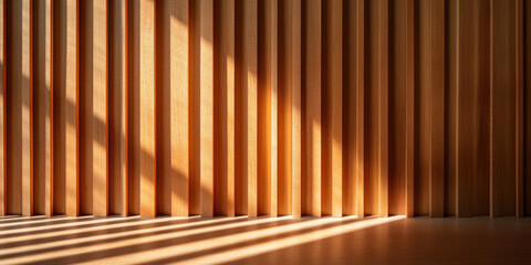 Obraz premium walnut wood slat wall casting shadows, creating warm and inviting atmosphere. interplay of light and texture enhances natural beauty of wood