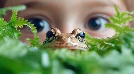 Child observing frog in ferns, nature exploration