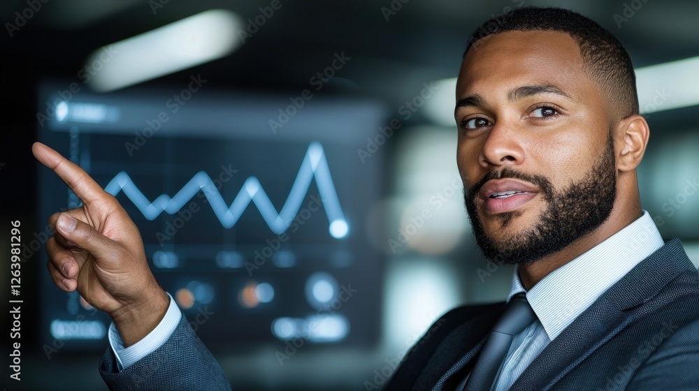 Poster determined corporate leader in suit presenting business strategy and financial data insights with ch