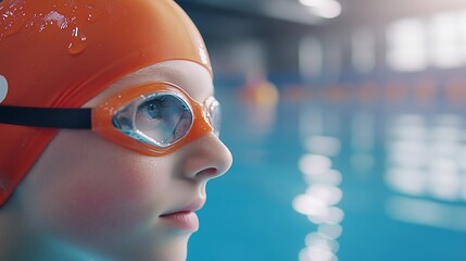Child swimmer poolside, focused, indoor pool