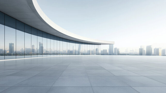 wide angle view of empty concrete floor with modern curved design, showcasing city skyline in background. serene atmosphere evokes sense of openness and tranquility