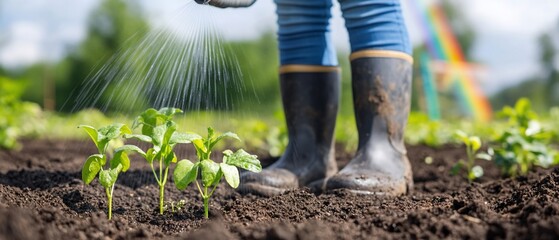Child waters seedlings in garden, rainbow background