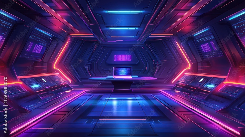 Poster futuristic spaceship control room; neon lights; gaming setup; background screens; game design