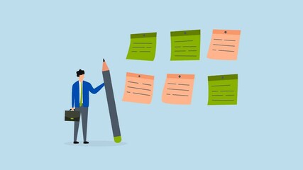 Category, 4k animation of businessman with pencil categorized sticky notes