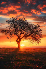 Solitary Silhouette: A Lone Tree Against a Sunset Sky