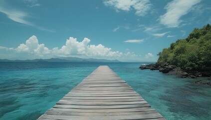 Naklejka premium Tropical wooden pier leading to a turquoise sea