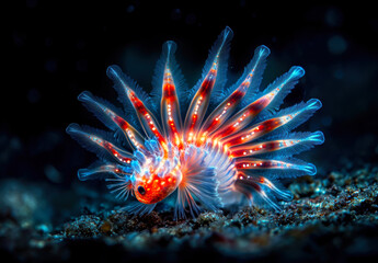 This stunning close-up image captures a luminescent sea creature, showcasing its intricate patterns and vibrant colors against a dark underwater backdrop, revealing the beauty of marine life.