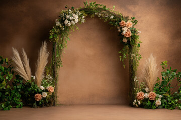 Obraz premium beautiful archway adorned with pampas grass and roses, creating romantic atmosphere for events. earthy tones enhance floral arrangement elegance and charm